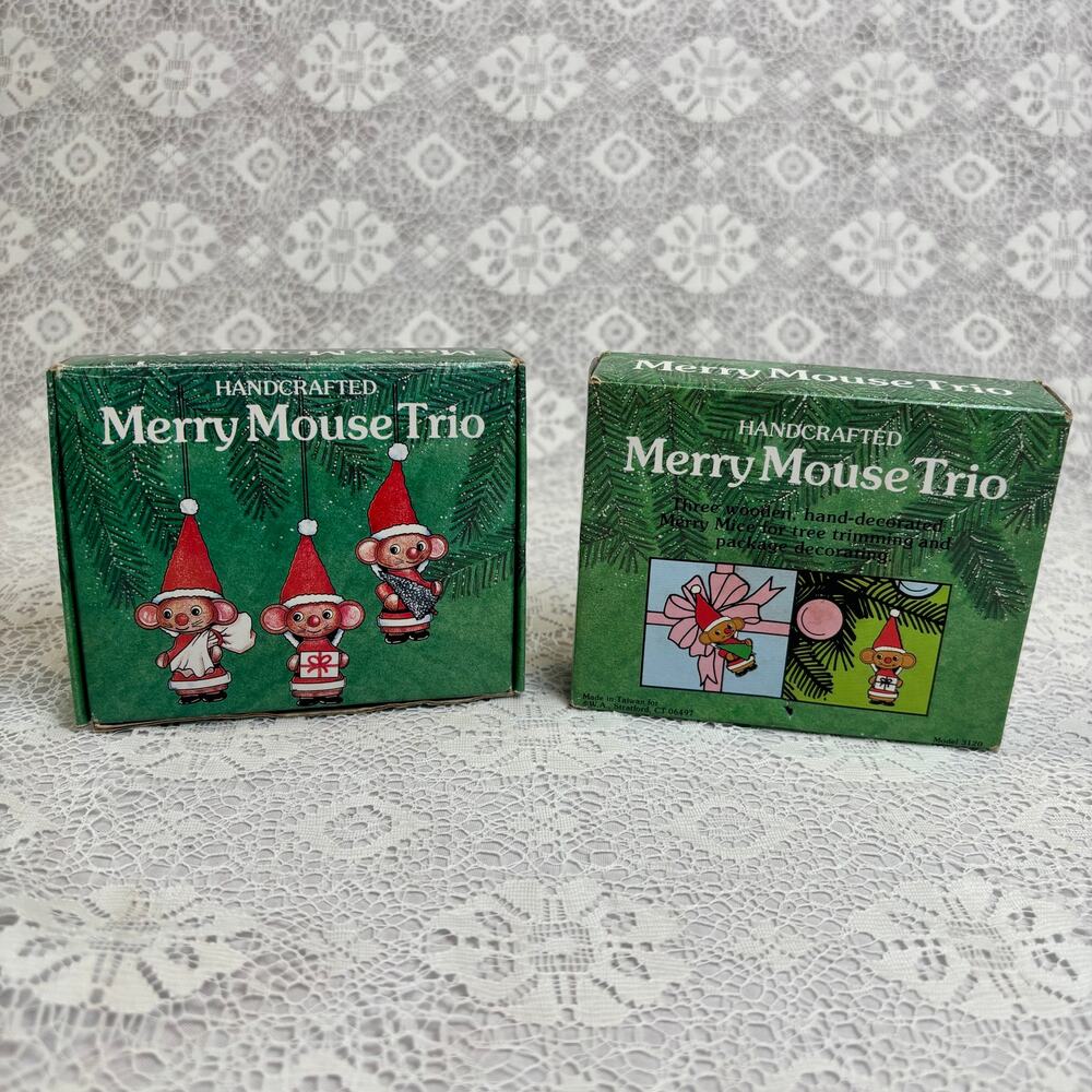 Vintage Merry Mouse Trio Wooden Christmas Ornaments Set of 2 Boxed Handcrafted